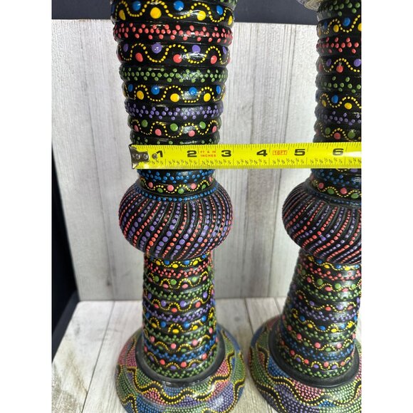 Vtg Folk Art Wood Candle Holder Hand Painted Rainbow Colors 16.5" Set of 2 - Picture 7 of 8